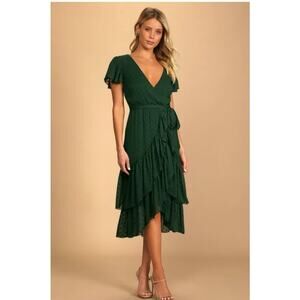 Lulus Have Harmony Faux Wrap Midi Dress Sz S Dark Green Swiss Dot Ruffled NWT